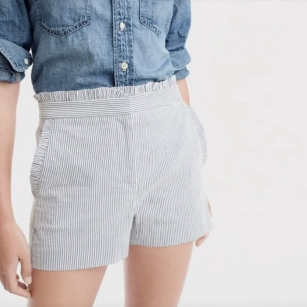 J Crew Ruffle Shorts in Blue and White Seersucker